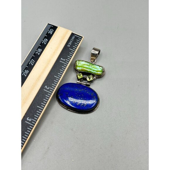 Lapis Lazuli & Green Dyed Pearl Sterling Silver Pendant 2" Charm Pendant - Picture 6 of 6